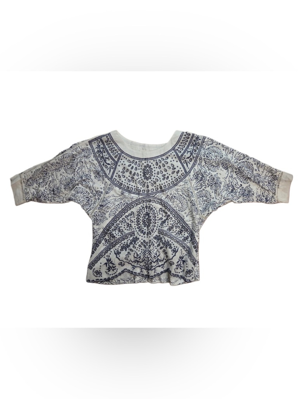 Anthropologie Maeve Boho Indigo Bandana Print Eyelet White Crew Neck Dolman Top